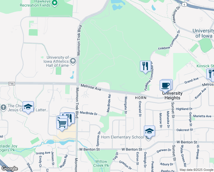 map of restaurants, bars, coffee shops, grocery stores, and more near 2060 Melrose Avenue in Iowa City