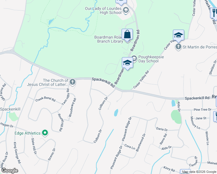 map of restaurants, bars, coffee shops, grocery stores, and more near 2 Colburn Drive in Poughkeepsie
