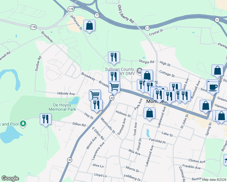 map of restaurants, bars, coffee shops, grocery stores, and more near 7 Forestburgh Road in Monticello