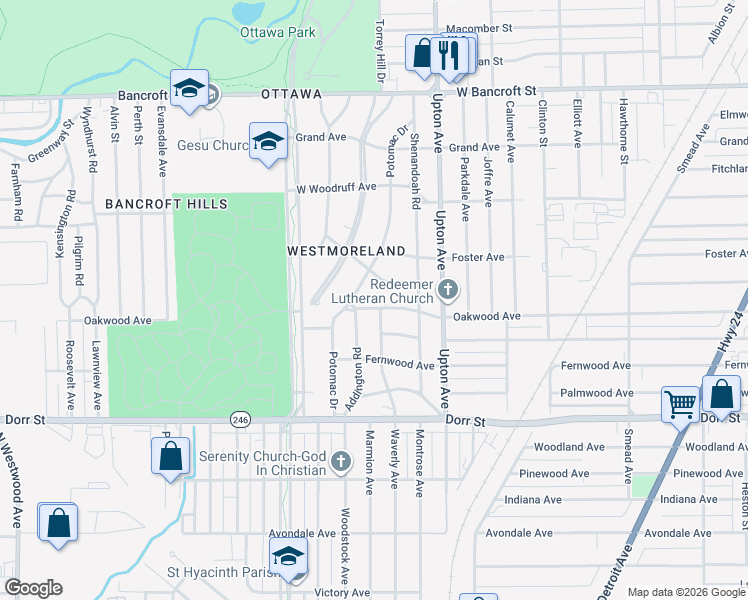 map of restaurants, bars, coffee shops, grocery stores, and more near 1706 Potomac Drive in Toledo