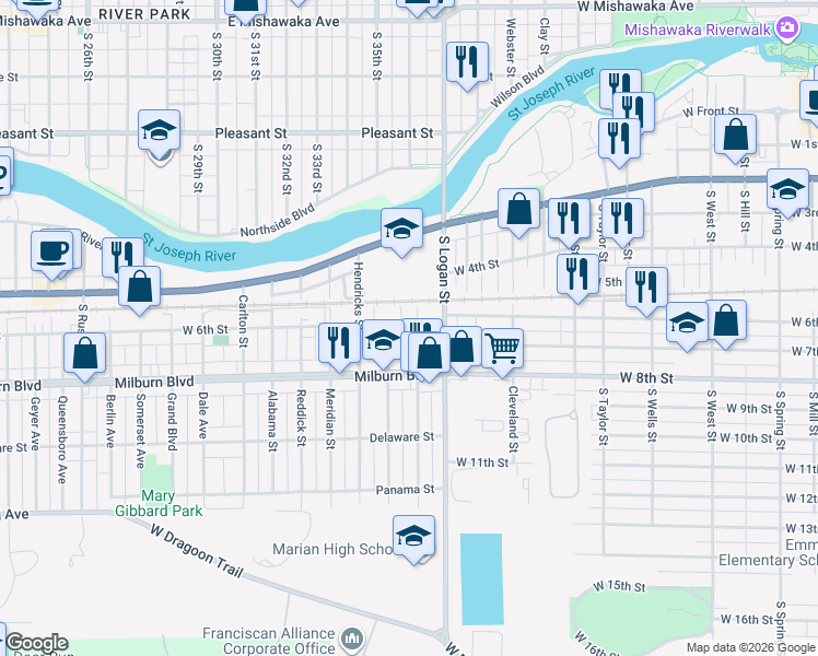 map of restaurants, bars, coffee shops, grocery stores, and more near 506-510 Burdette Street in Mishawaka