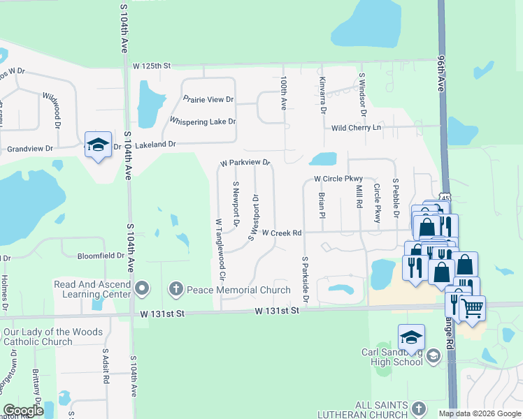 map of restaurants, bars, coffee shops, grocery stores, and more near 12825 South Westport Drive in Palos Park