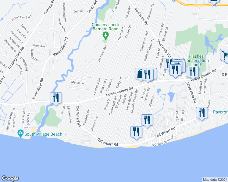 map of restaurants, bars, coffee shops, grocery stores, and more near 1 Kibby Lane in Dennis
