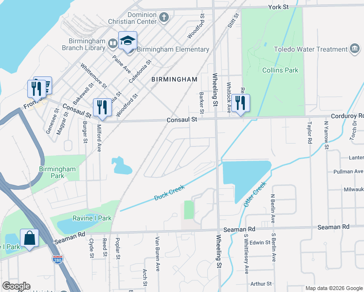 map of restaurants, bars, coffee shops, grocery stores, and more near 2510 Consaul Street in Toledo