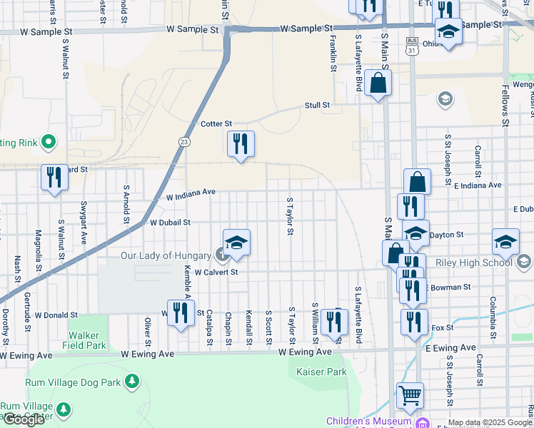 map of restaurants, bars, coffee shops, grocery stores, and more near 1635 South Scott Street in South Bend
