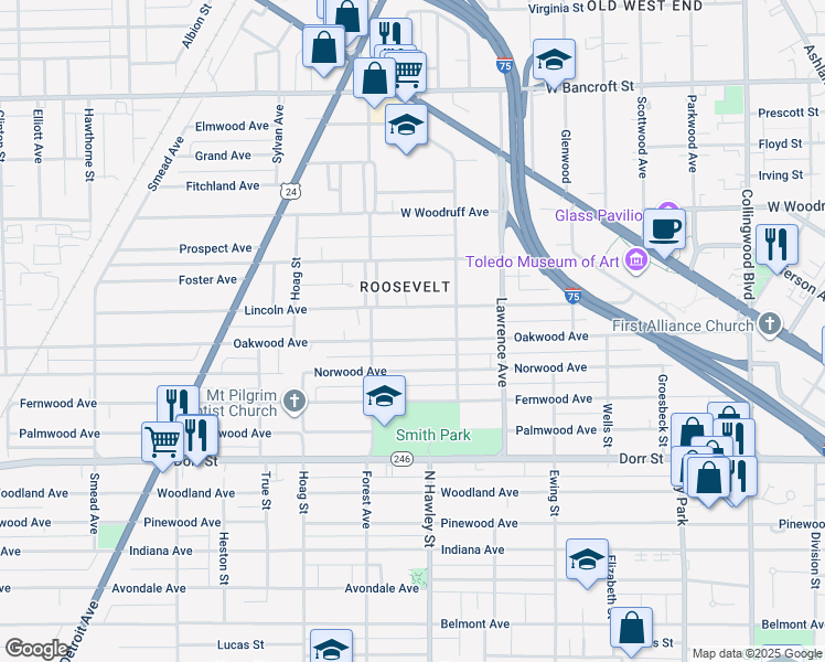 map of restaurants, bars, coffee shops, grocery stores, and more near 1052 Oakwood Avenue in Toledo