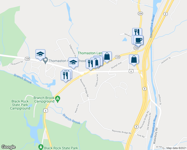 map of restaurants, bars, coffee shops, grocery stores, and more near 217 Pine Hill Road in Thomaston