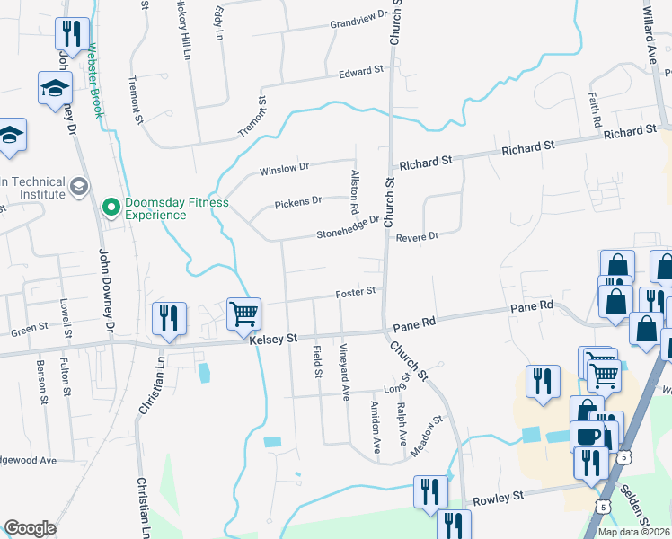 map of restaurants, bars, coffee shops, grocery stores, and more near 43 Eckert Road in Newington