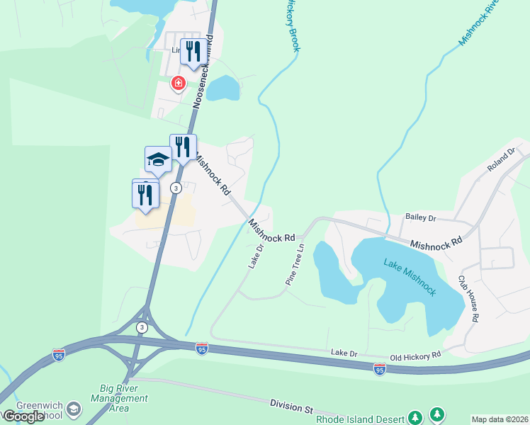 map of restaurants, bars, coffee shops, grocery stores, and more near 347E Mishnock Road in West Greenwich