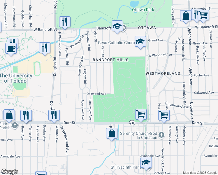 map of restaurants, bars, coffee shops, grocery stores, and more near 1716 Perth Street in Toledo