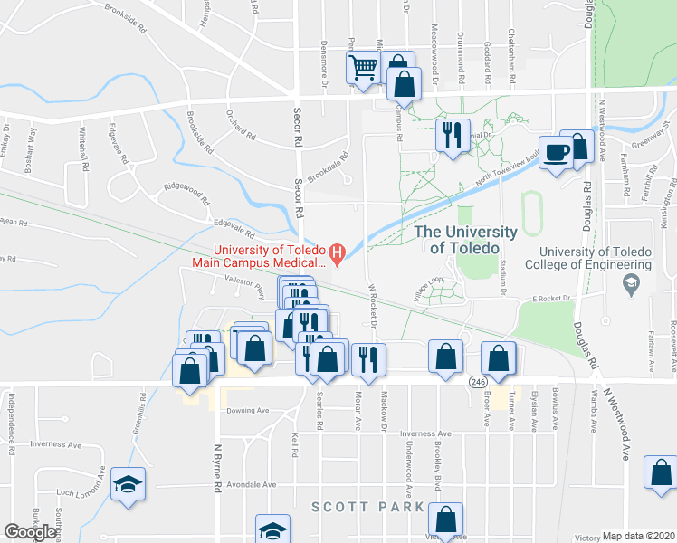 map of restaurants, bars, coffee shops, grocery stores, and more near 1735 West Rocket Drive in Toledo