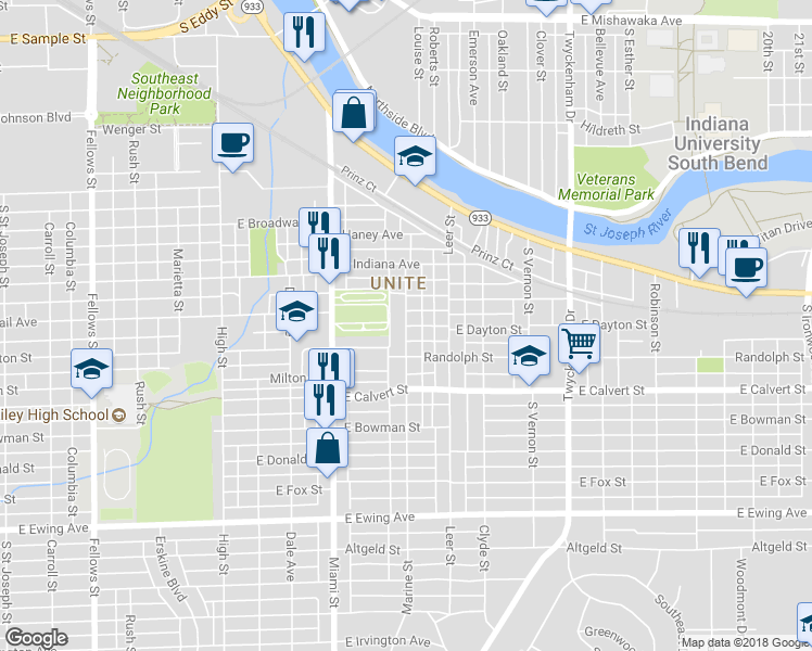 map of restaurants, bars, coffee shops, grocery stores, and more near 1201 East Dayton Street in South Bend