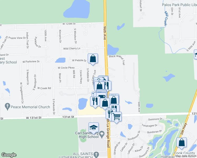 map of restaurants, bars, coffee shops, grocery stores, and more near 12828 South La Grange Road in Palos Park