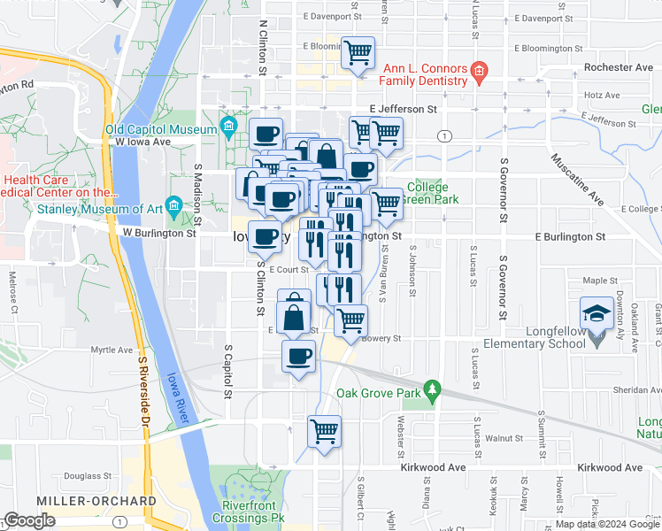 map of restaurants, bars, coffee shops, grocery stores, and more near 316 East Court Street in Iowa City