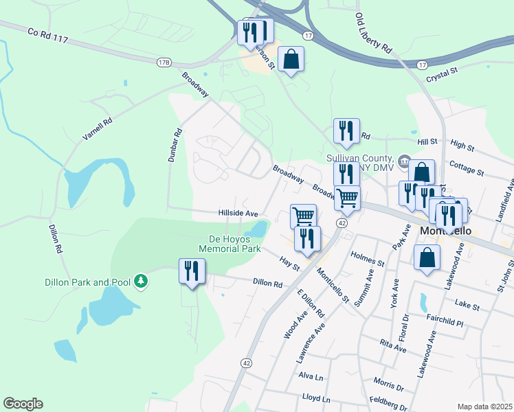 map of restaurants, bars, coffee shops, grocery stores, and more near 30 Hillside Avenue in Monticello
