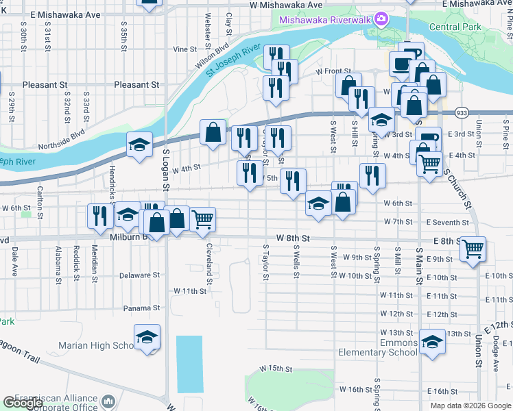 map of restaurants, bars, coffee shops, grocery stores, and more near 519 Smith Street in Mishawaka