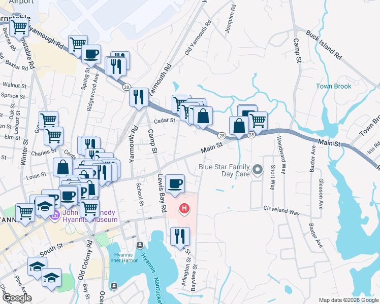 map of restaurants, bars, coffee shops, grocery stores, and more near 25 Main Street in Barnstable