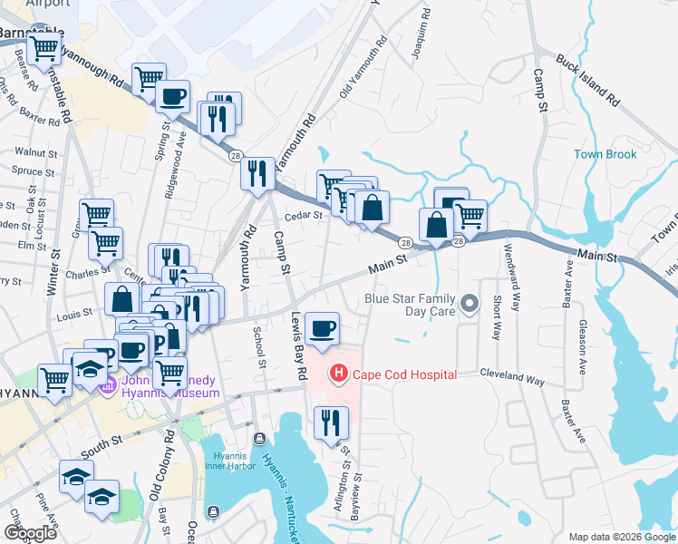 map of restaurants, bars, coffee shops, grocery stores, and more near 70 Main Street in Barnstable
