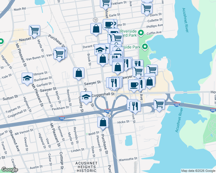map of restaurants, bars, coffee shops, grocery stores, and more near 102 Ashley Boulevard in New Bedford
