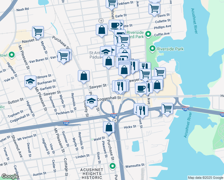 map of restaurants, bars, coffee shops, grocery stores, and more near 102 Ashley Boulevard in New Bedford