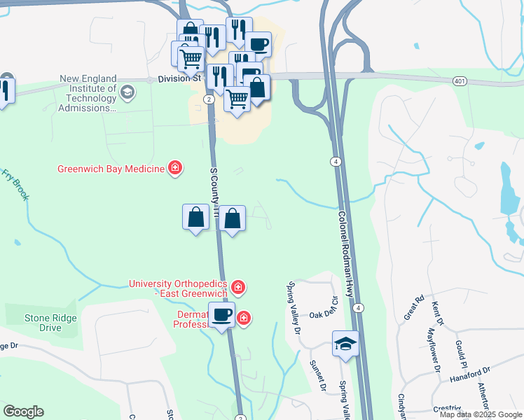 map of restaurants, bars, coffee shops, grocery stores, and more near 1480 South County Trail in East Greenwich