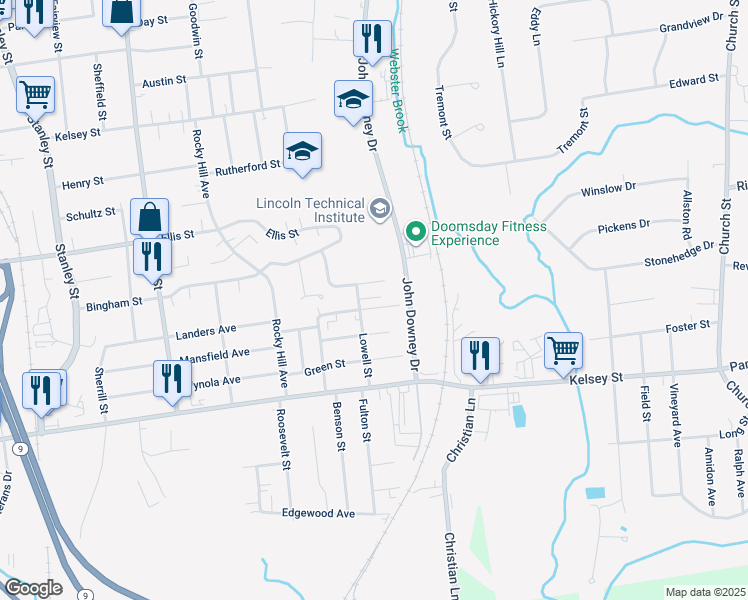 map of restaurants, bars, coffee shops, grocery stores, and more near 75 Upton Street in New Britain