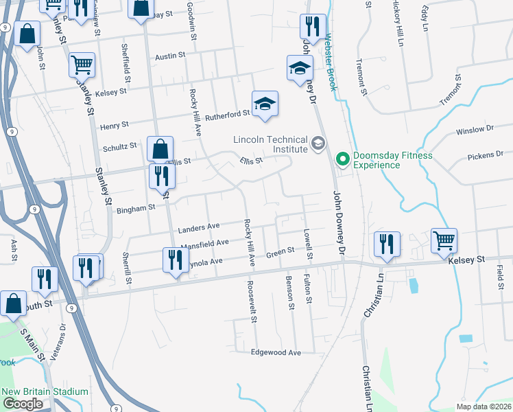 map of restaurants, bars, coffee shops, grocery stores, and more near 258 Rocky Hill Avenue in New Britain