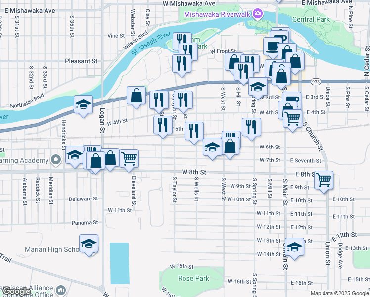 map of restaurants, bars, coffee shops, grocery stores, and more near 706 West 7th Street in Mishawaka