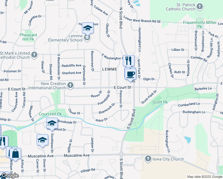map of restaurants, bars, coffee shops, grocery stores, and more near 3242 Friendship Street in Iowa City