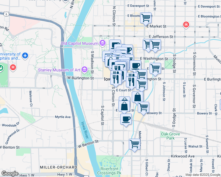 map of restaurants, bars, coffee shops, grocery stores, and more near 376 South Clinton Street in Iowa City