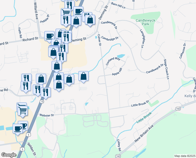 map of restaurants, bars, coffee shops, grocery stores, and more near 41 Cobblestone Ct in Newington
