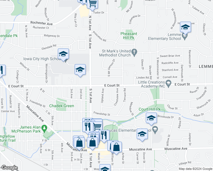 map of restaurants, bars, coffee shops, grocery stores, and more near 2401 E Street in Iowa City