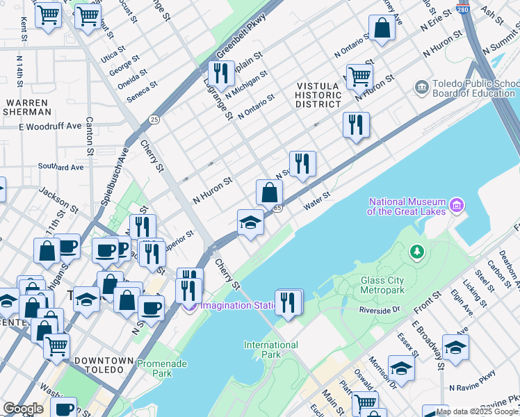map of restaurants, bars, coffee shops, grocery stores, and more near 301-305 Locust St in Toledo
