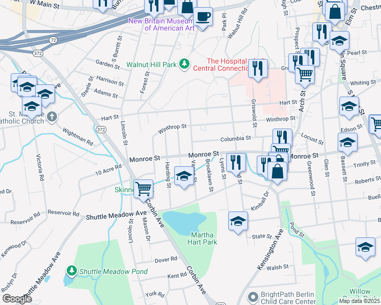 map of restaurants, bars, coffee shops, grocery stores, and more near 292 Monroe Street in New Britain