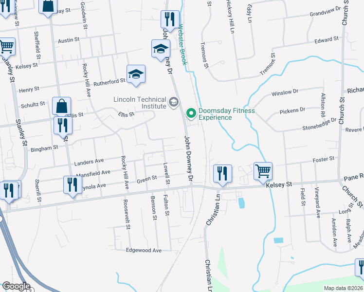 map of restaurants, bars, coffee shops, grocery stores, and more near 100 Upton Street in New Britain