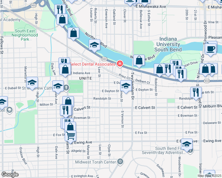 map of restaurants, bars, coffee shops, grocery stores, and more near 1331 East Dayton Street in South Bend