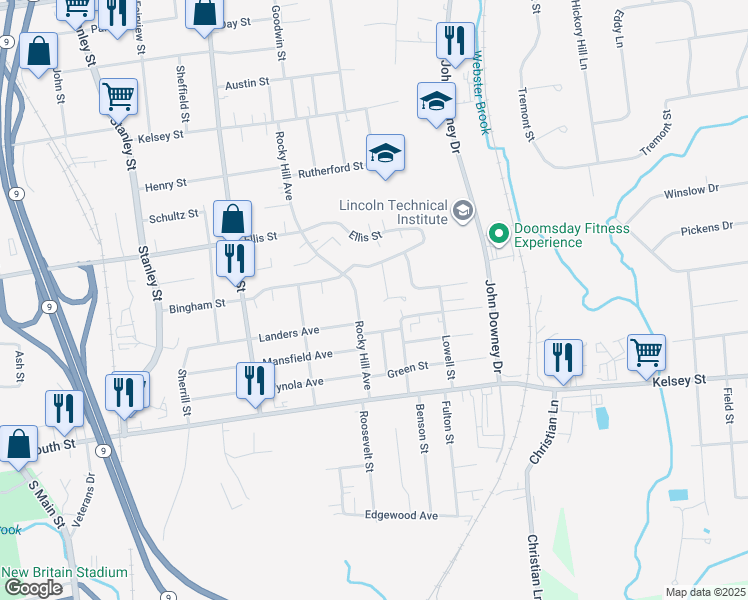 map of restaurants, bars, coffee shops, grocery stores, and more near 258 Rocky Hill Avenue in New Britain