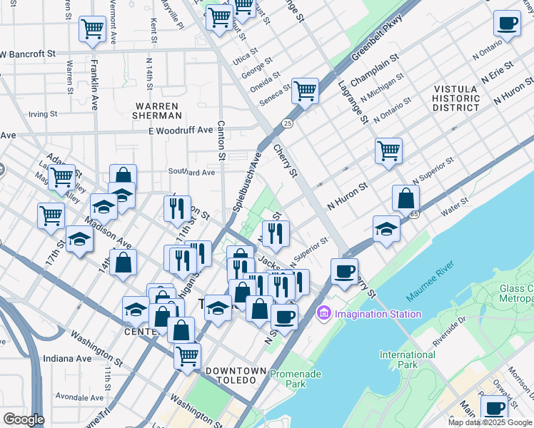 map of restaurants, bars, coffee shops, grocery stores, and more near 555 North Erie Street in Toledo