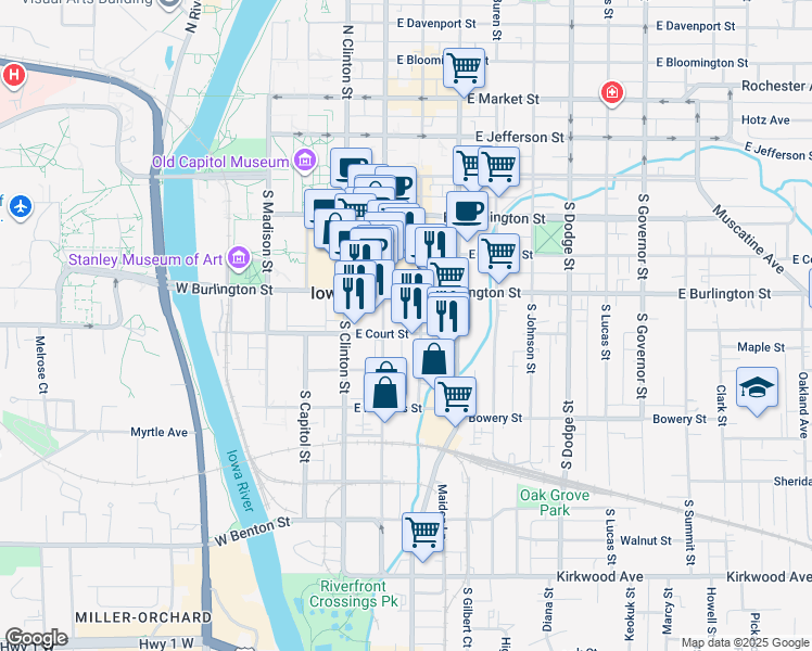 map of restaurants, bars, coffee shops, grocery stores, and more near None in Iowa City