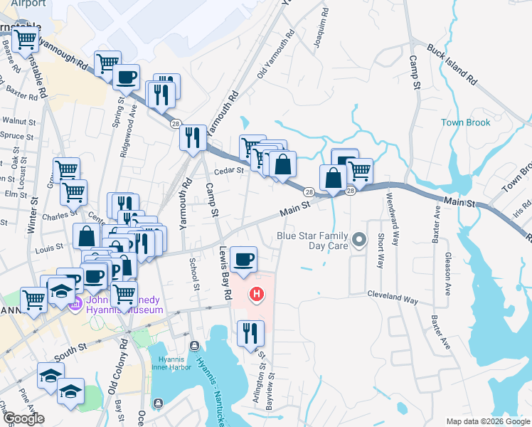 map of restaurants, bars, coffee shops, grocery stores, and more near 25 Main Street in Barnstable