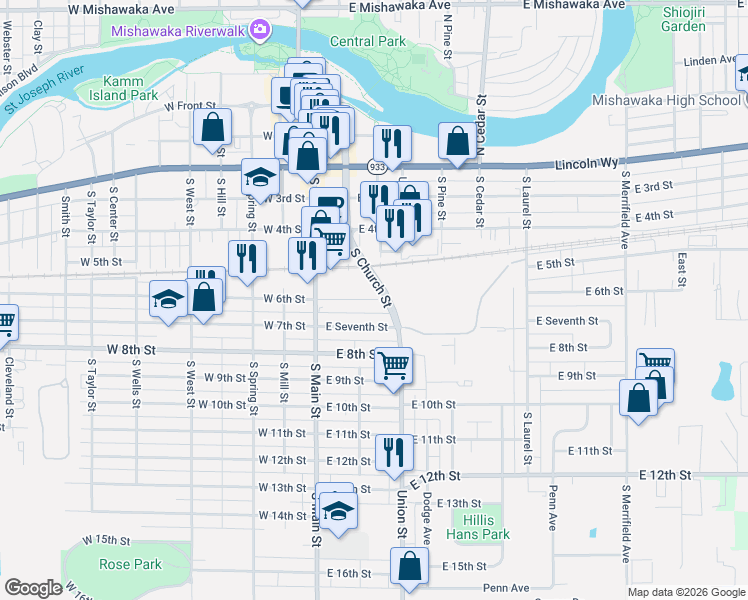 map of restaurants, bars, coffee shops, grocery stores, and more near 225 East 6th Street in Mishawaka