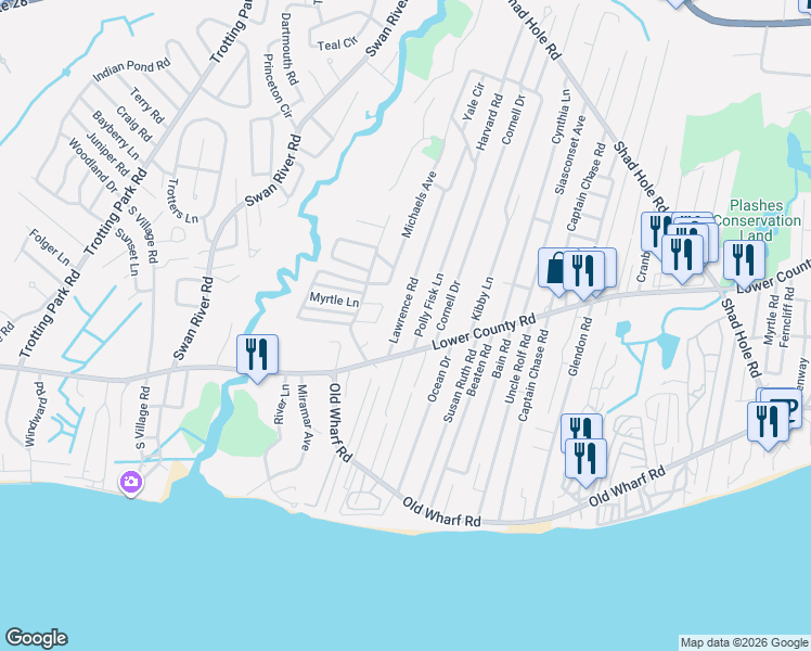 map of restaurants, bars, coffee shops, grocery stores, and more near 7 Lawrence Road in Dennis