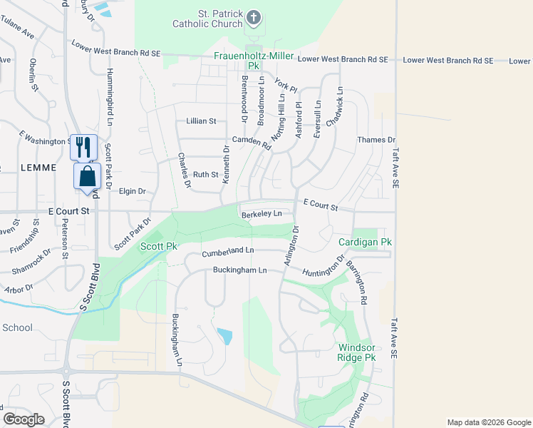 map of restaurants, bars, coffee shops, grocery stores, and more near 4387 Berkeley Lane in Iowa City