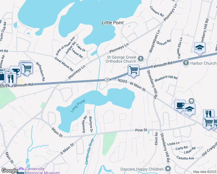 map of restaurants, bars, coffee shops, grocery stores, and more near 22 Harrison Road in Barnstable