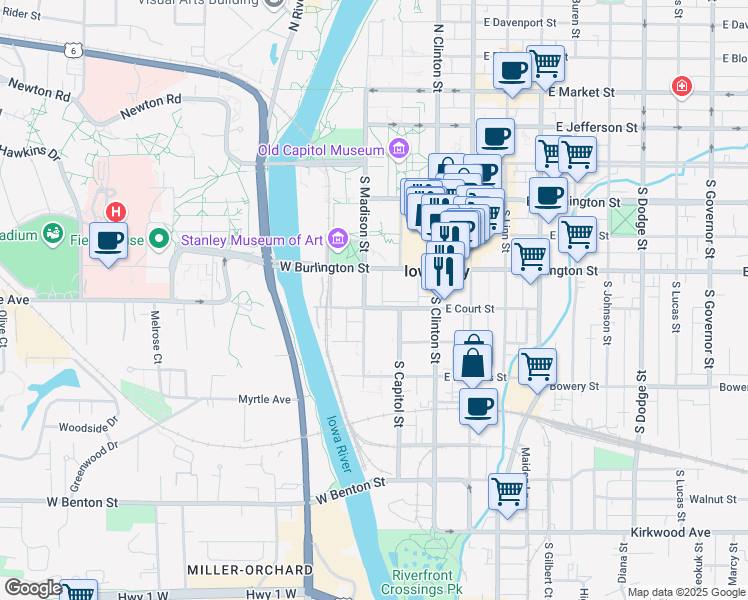 map of restaurants, bars, coffee shops, grocery stores, and more near 350 South Madison Street in Iowa City