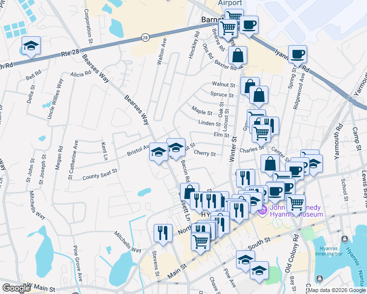 map of restaurants, bars, coffee shops, grocery stores, and more near 142 Chestnut Street in Barnstable