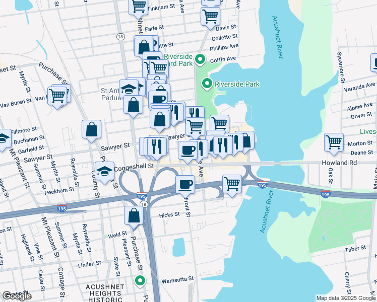 map of restaurants, bars, coffee shops, grocery stores, and more near 11 Granfield Street in New Bedford
