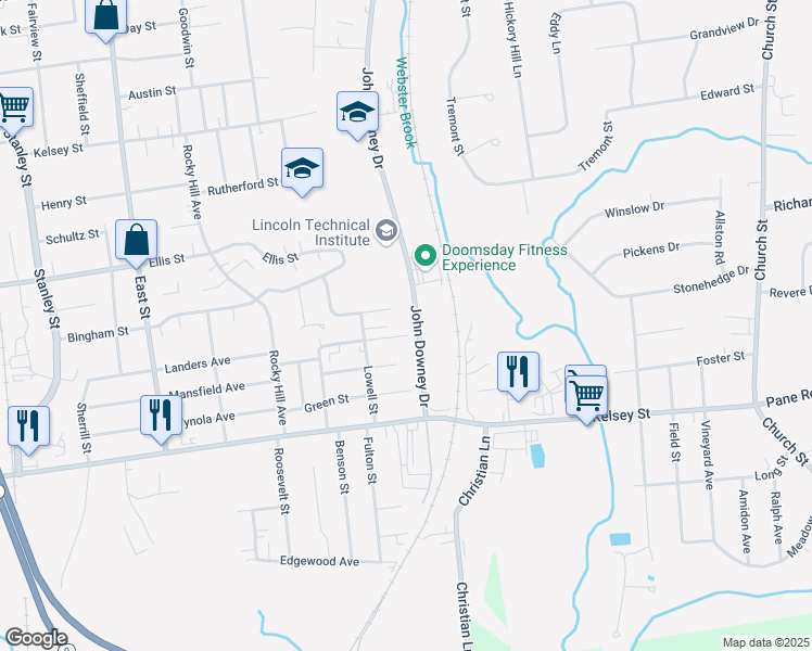 map of restaurants, bars, coffee shops, grocery stores, and more near 75 Upton Street in New Britain
