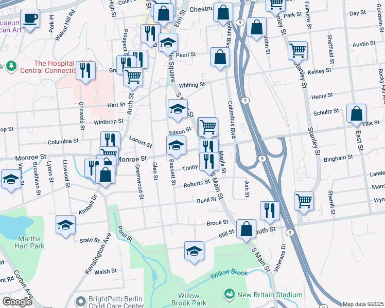 map of restaurants, bars, coffee shops, grocery stores, and more near 38 Trinity Street in New Britain