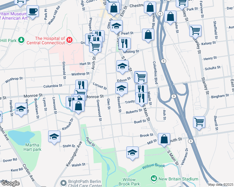 map of restaurants, bars, coffee shops, grocery stores, and more near 163 Bassett Street in New Britain